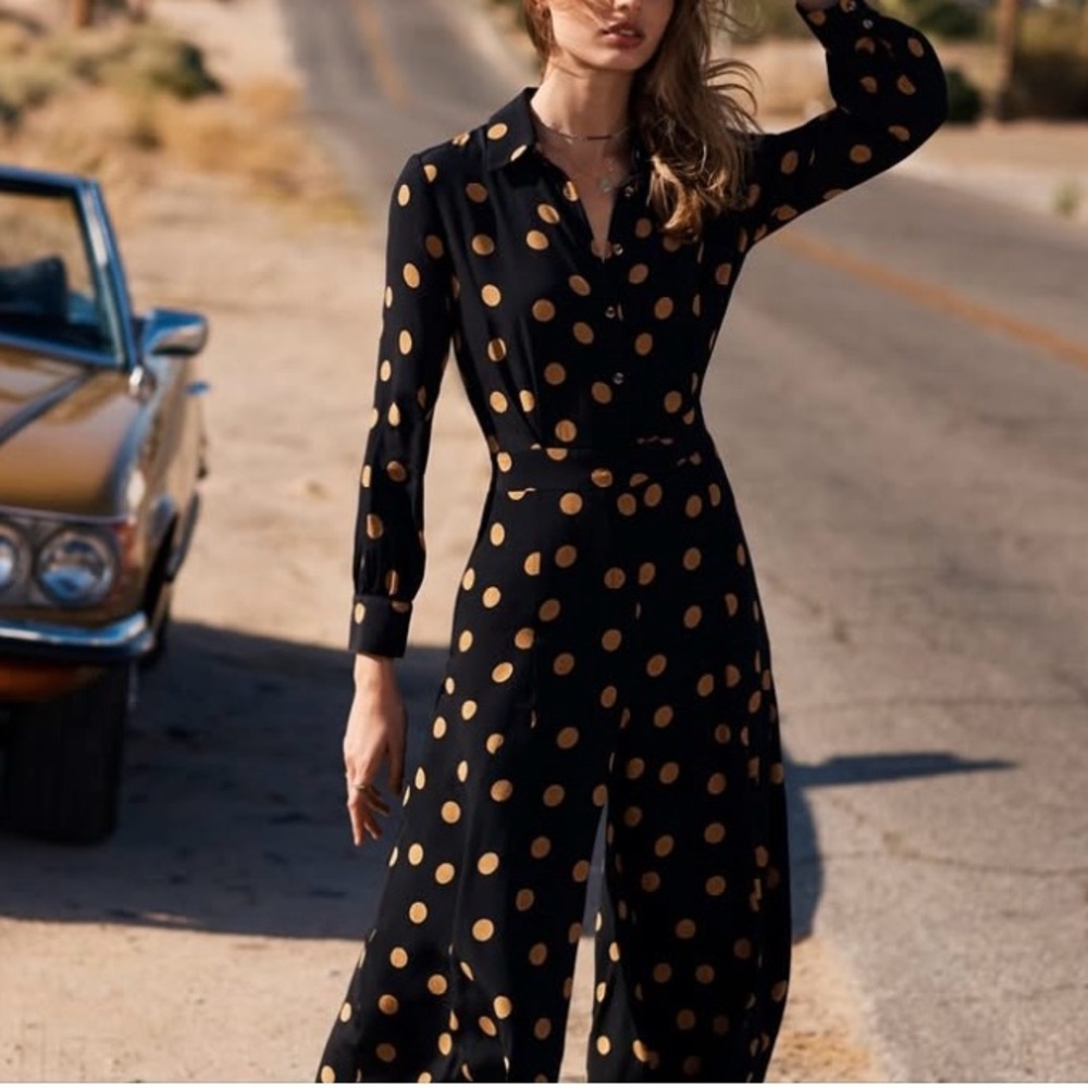 Anthropologie Loveland Wide-Leg Jumpsuit Polka Dots Black/Tan Size 4 - Picture 2 of 16